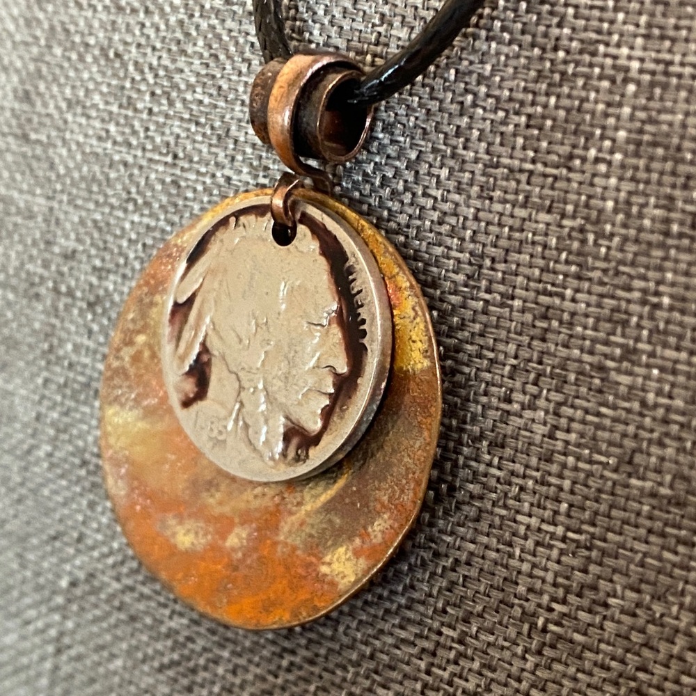 1935 Buffalo Nickel Necklace | Vintage Coin Jewelry | Patinated Copper Pendant - Picture 4 of 8